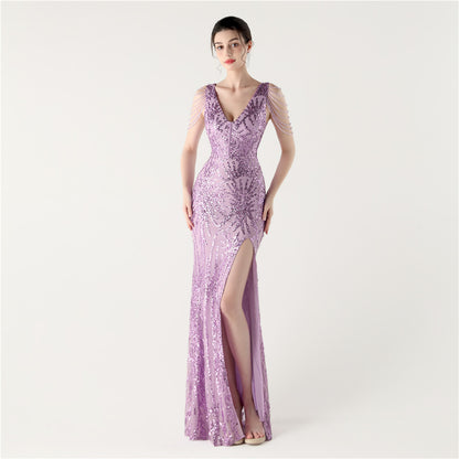 33352 #2025 New Heavy Industry Fishbone Waist Strap Deep V High Split Evening Dress, Red Carpet Dinner Host