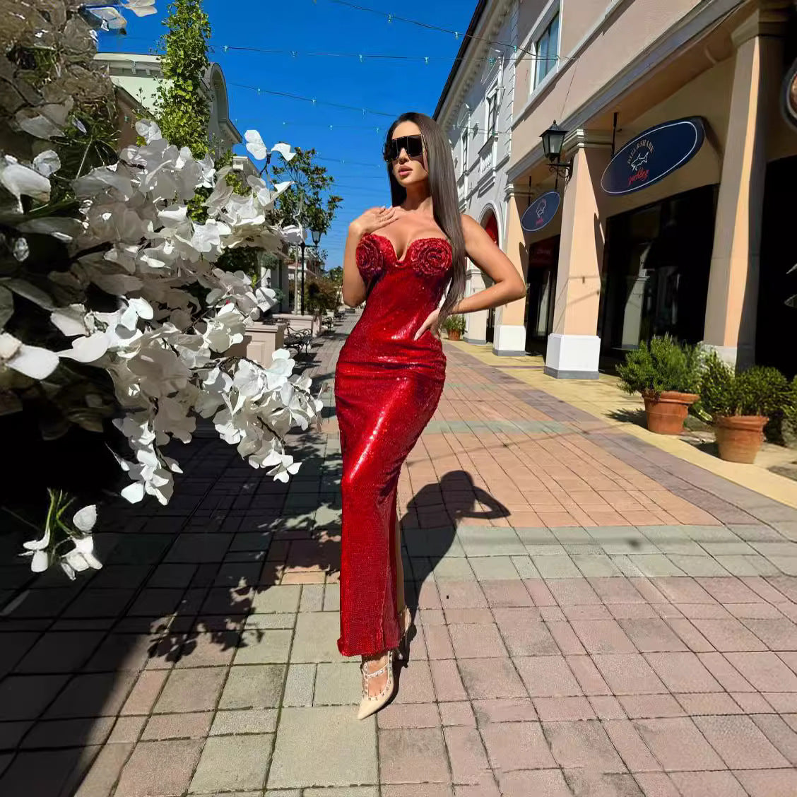 LOVEVOP 2023 new red sequined suspender dress high-end  women's clothing fashion long Christmas slim base