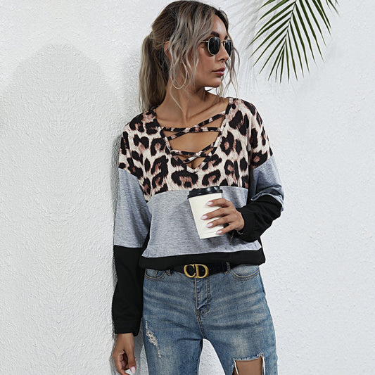 LOVEVOP Cross-border Popular trade women's clothing leopard print splicing T-shirt women's long-sleeved trend hollow contrasting color  2025 pullover top