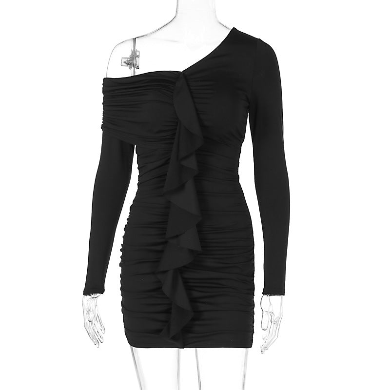 LOVEVOP 2025 style Hot cross-border new fashionable solid color pleated oblique collar slim-fitting hip-wrapped temperament small dress dress