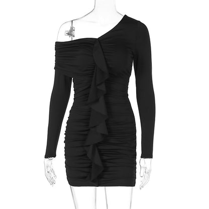 LOVEVOP 2025 style Hot cross-border new fashionable solid color pleated oblique collar slim-fitting hip-wrapped temperament small dress dress