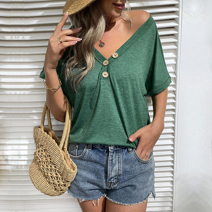 LOVEVOP New new popular summer casual loose solid color 2025 top v-neck short-sleeved t-shirt women