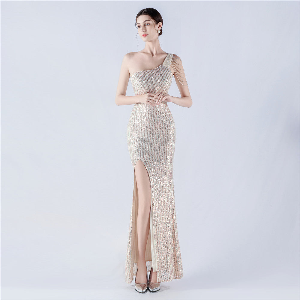 33010 #Popular trade dress heavy industry beaded single shoulder oblique collar high fork sequined dinner dress