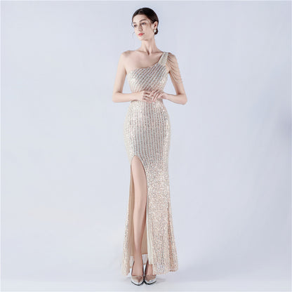 33010 #Popular trade dress heavy industry beaded single shoulder oblique collar high fork sequined dinner dress