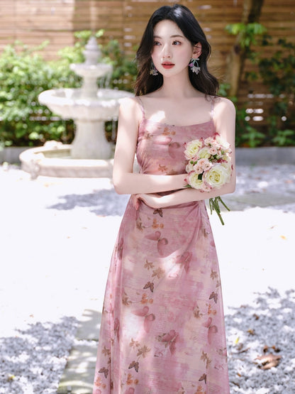 Summer wear beautiful small skirt pink floral suspender dress women's seaside vacation sunscreen cardigan two-piece set