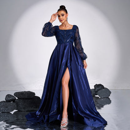 2025 high-end temperament long-sleeved square collar long sequined banquet big pendulum evening dress bridesmaid dress women