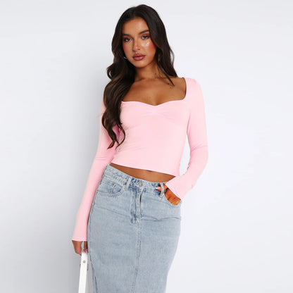 LOVEVOP 2025 cross-border women's clothing Hot summer new sexy fashion slim and thin navel solid color long-sleeved top T-shirt