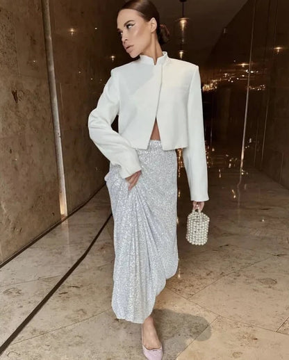 2025 2025 new fashionable high-waisted and thin sequined skirt women's elastic waist back split elastic straight skirt