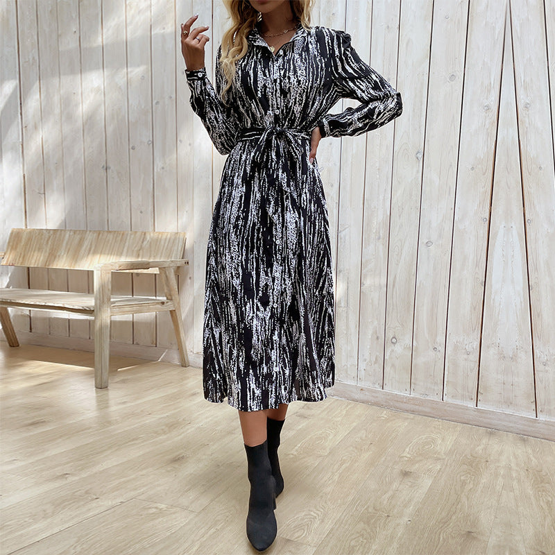 LOVEVOP Cross-border  Hot new fashion 2025 women's clothing lapel lace temperament commuter printed dress