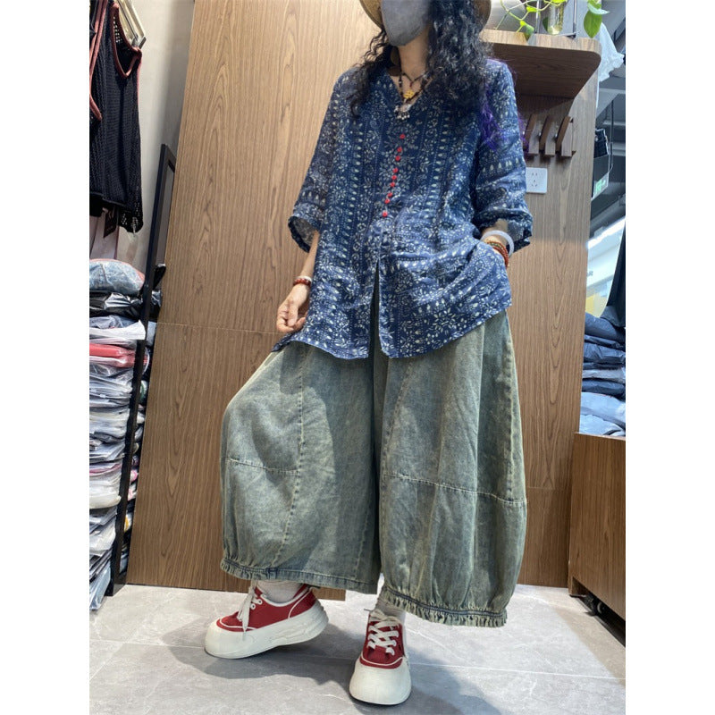 Temperament V-neck printed slim shirt five-quarter-sleeved women's ethnic style top retro summer versatile navy blue shirt