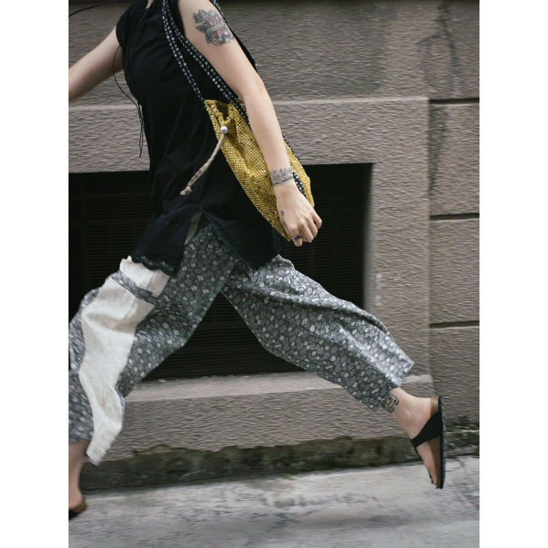 Japanese retro gray floral splicing cotton and linen casual pants women's spring new small straight wide-leg walking pants