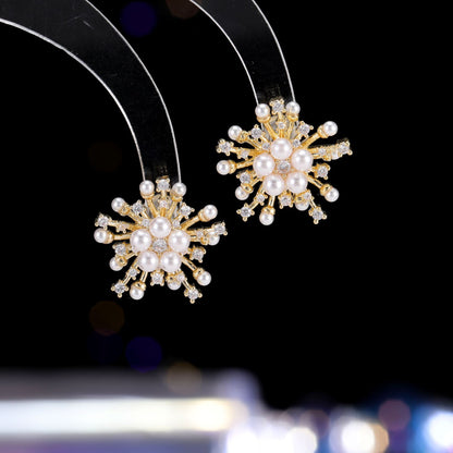 2025 Niche high-end micro-inlaid zircon fireworks pearl earrings women's s925 silver needle fashion light luxury temperament versatile earrings