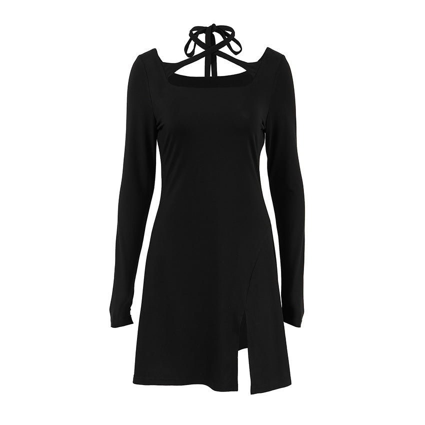 2025 Autumn and winter black sexy slim fit and thin knitted square collar design lace-up dress New commuting split skirt