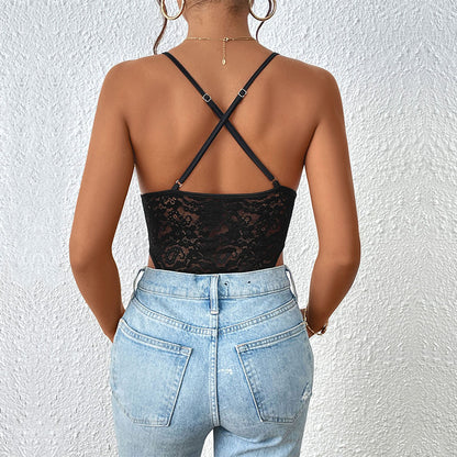 LOVEVOP Summer lace sexy V-neck low-neck suspender onesie 2025 hot-selling women's clothing back hollow strap onesie