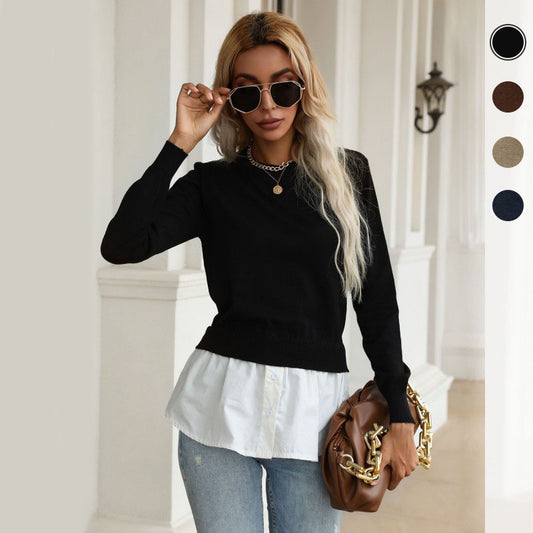 LOVEVOP New popular autumn new product fashion shirt splicing top pullover fake two-piece knitted sweater women's clothing