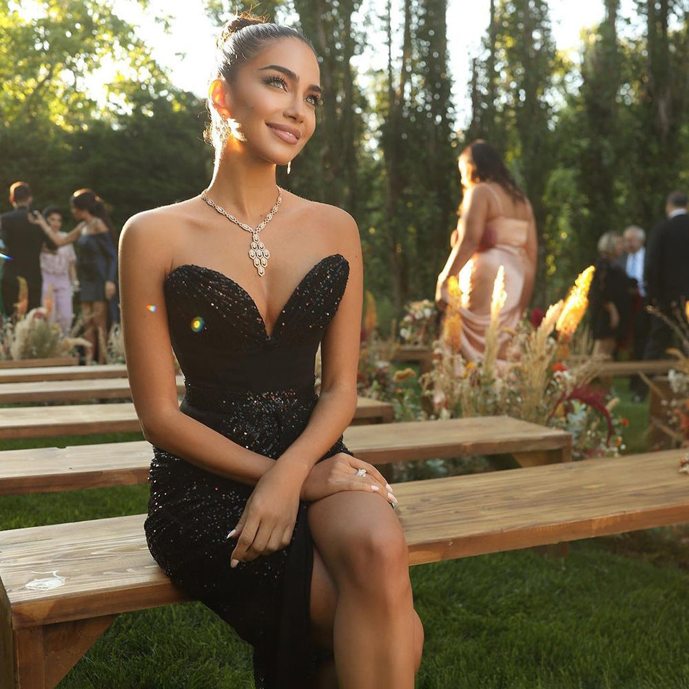 LOVEVOP black tube top beads split long dress  women's dress New high-end dress fashion set