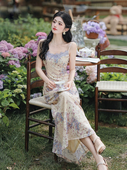 Huge good-looking  lace floral dress temperament beautiful long dress children's vacation style suspender and cardigan set