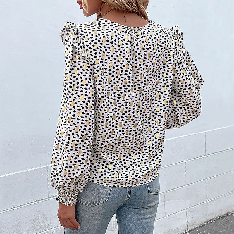 LOVEVOP Hot new cross-border  casual shirt fashion 2025 women's clothing long-sleeved V-neck polka dot ruffle shirt