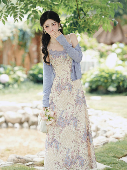 Huge good-looking  lace floral dress temperament beautiful long dress children's vacation style suspender and cardigan set