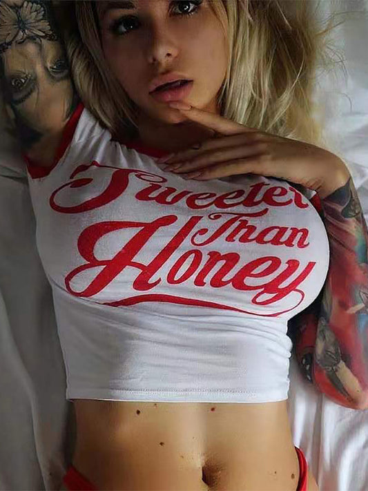 lovevop Casual Contrast Color White Letter Printed Cropped T-Shirt F3839