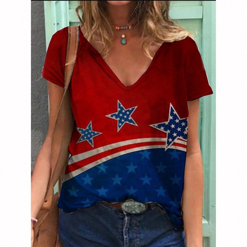 Summer New Women&#39;s T-Shirt American Flag 3D Printing Women&#39;s Short Sleeve Breathable V-Neck Street Fashion Casual Shirt XS-6XL