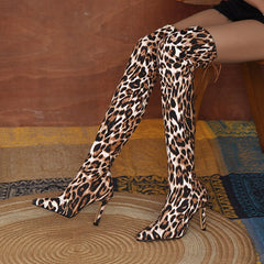 lovevop  Ladies Fashion Leopard Print Over Knee Boots Autumn Winter High Boots Pointed Toe Stretch Fabric Ladies High Heels Bottes Femme