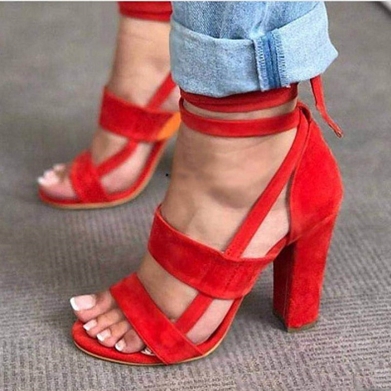 lovevop   Summer Gladiator Sandals Cross Strap High Heels Chunky Heels  Sandals Summer Casual Fashion High Heels Big Size