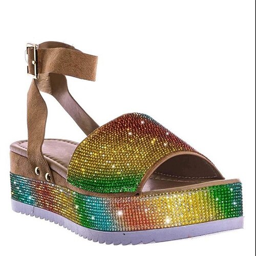 lovevop  Women Crystal Platform Sandal  Woman Bling Buckle Metal Shoes Summer Female Wedges Ladies Beach Footwear Slides Plus Size 43