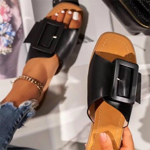 Back  To School Outfit  lovevop Women Buckle Square Toe Slippers  Woman Sewing Flat Summer Female Comfortable Footwear Ladies Casual Beach Shoes Plus Size