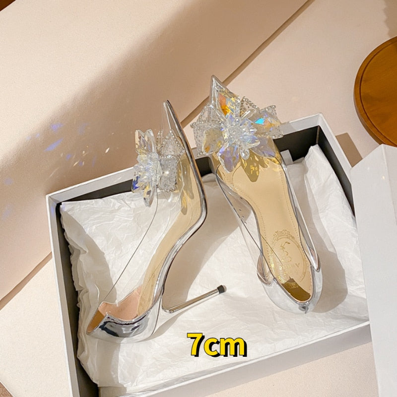 Christmas Gift Summer Pointed Crystal Fairy Ladies Wind Sandals Rhinestone Butterfly-Knot Transparent High Heel Women Sandals Fashion Shoes