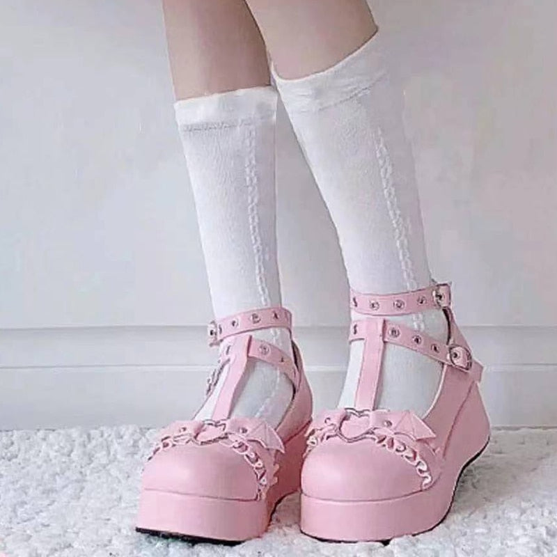 Back to college New Sweet Heart Buckle Wedges Mary Janes Women Pink T-Strap Chunky Platform Lolita Shoes Woman Punk Gothic Cosplay Shoes 43