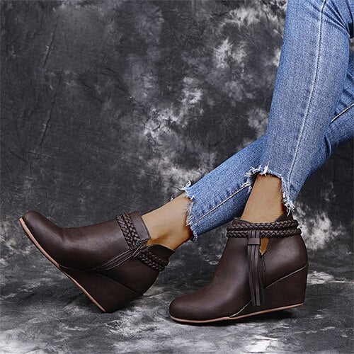 Back To School lovevop  Women's Tassel Anle Boots Woman PU Leather Wedges Women Casual Weave Pumps Ladies Comfortable Shoes Female Footwear Big Size