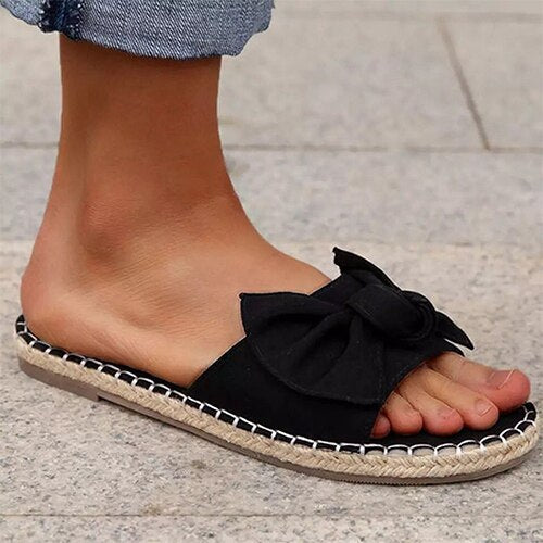 Back to school lovevop  Women's Bow Slippers  Summer Ladies Sandals Flat Woman Stripe Open Toe Slides Female Beach Shoes Women Slip On Footwear