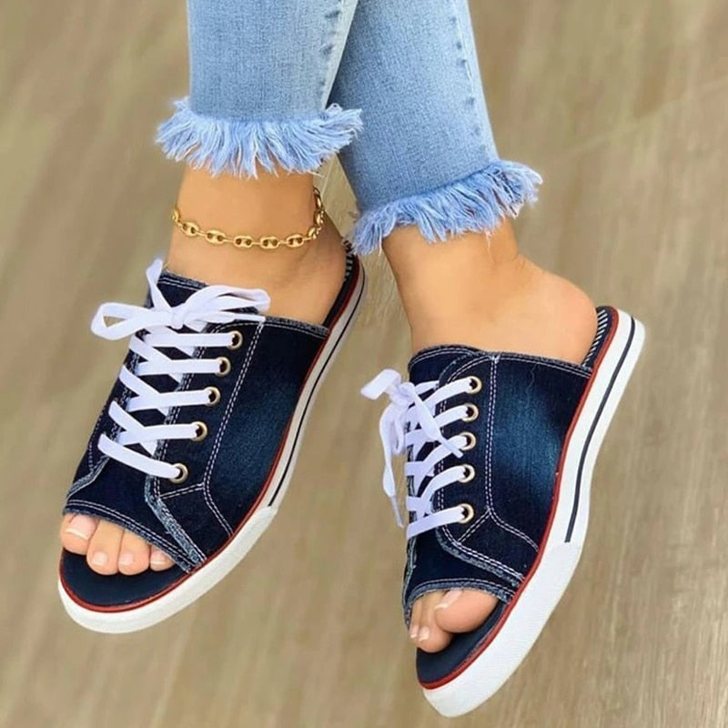 Back to school lovevop  Ladies Peep Toe Flat Slipper  Women Canvas Woman Lace Up New Women's Casual Female Fashion Denim Beach Shoes Plus Size 35-43