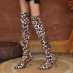 lovevop  Ladies Fashion Leopard Print Over Knee Boots Autumn Winter High Boots Pointed Toe Stretch Fabric Ladies High Heels Bottes Femme