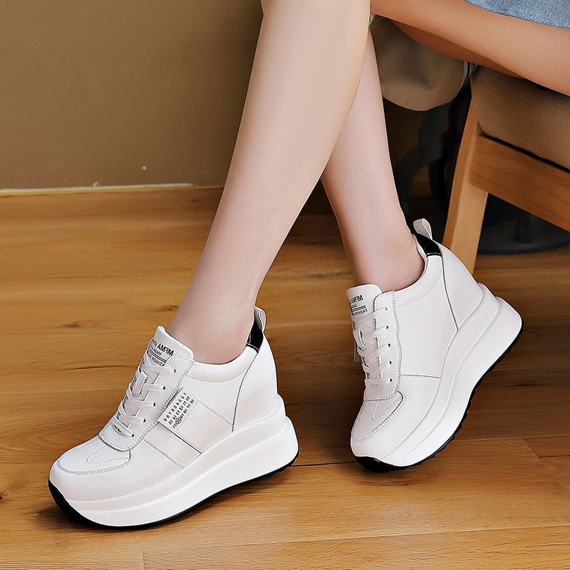 lovevop  9Cm Women Shoes Genuine Leather Platform Wedge Sneakers Chunky Shoes For Spring Autumn Summer Shoes Women Hidden Heel