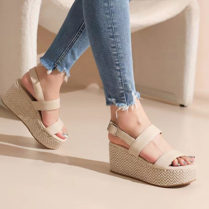 lovevop Summer New Women's Shoes Platform Fashion Simple Casual Solid Color Split Leather Wedge Sanda Buckle White