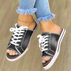 Back to school lovevop  Ladies Peep Toe Flat Slipper  Women Canvas Woman Lace Up New Women's Casual Female Fashion Denim Beach Shoes Plus Size 35-43