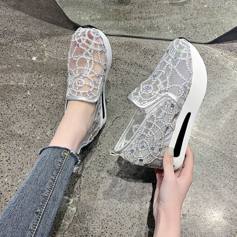 Back to school outfit lovevop Woman Casual Shoes Women Hollow Floral Breathable Mesh Lace Shallow Shoes Ladies Platform Thick Heel Sole Shoes Size 35-40