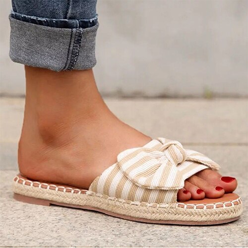 Back to school lovevop  Women's Bow Slippers  Summer Ladies Sandals Flat Woman Stripe Open Toe Slides Female Beach Shoes Women Slip On Footwear