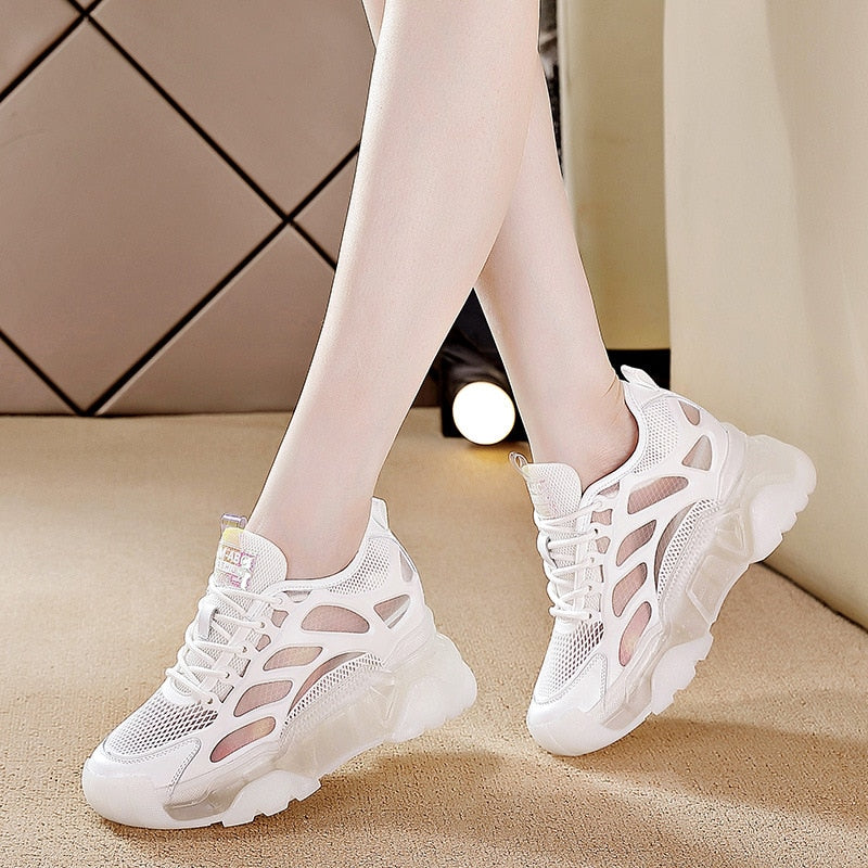 lovevop  8Cm Platform Wedge Sneakers Women Shoes Genuine Leather Breathable Air Mesh Women Summer Shoes Chunky Spring Autumn 2024