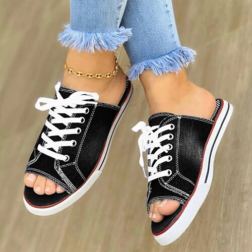 Back to school lovevop  Ladies Peep Toe Flat Slipper  Women Canvas Woman Lace Up New Women's Casual Female Fashion Denim Beach Shoes Plus Size 35-43