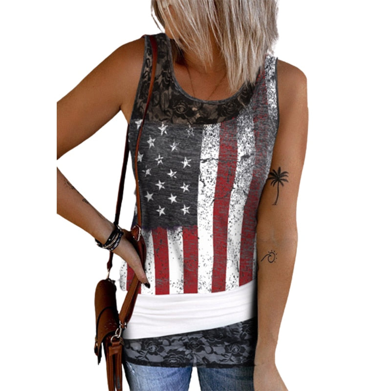 Women's American Flag Lace Trim Splicing Tank Top Side Drawstring   Sleeveless Shirt Patriotic US Flag Hollow Out