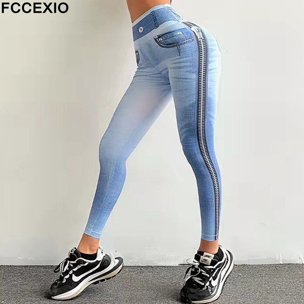 FCCEXIO High Waist Peach Buttocks Sports Fitness Leggings Tights Running Workout Denim Print Yoga Pants Push Up Gym Leggings
