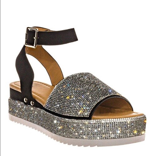 lovevop  Women Crystal Platform Sandal  Woman Bling Buckle Metal Shoes Summer Female Wedges Ladies Beach Footwear Slides Plus Size 43