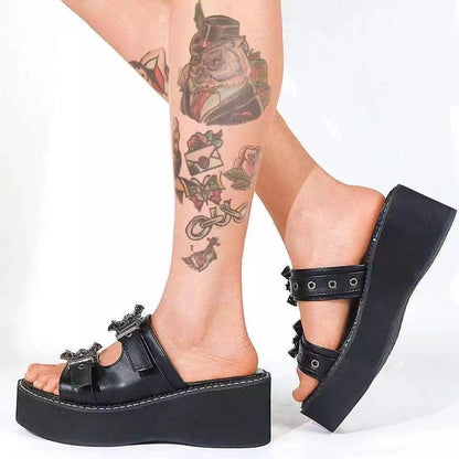 lovevop  Large Size Women Summer Slippers Shoes Woman Black Gothic Punk Round Toe Platform Sandals Shoes Female Heel Slide Wedges Sandal