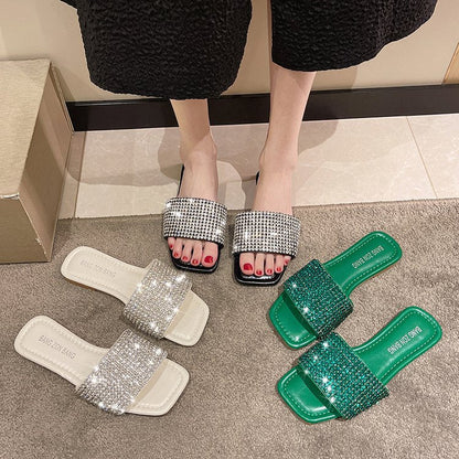 lovevop  Summer Rhinestone Slippers New Women Fashion Wild Beach Flip Flops Bright Flat Bottom Outdoor Sandals For Women Shoes