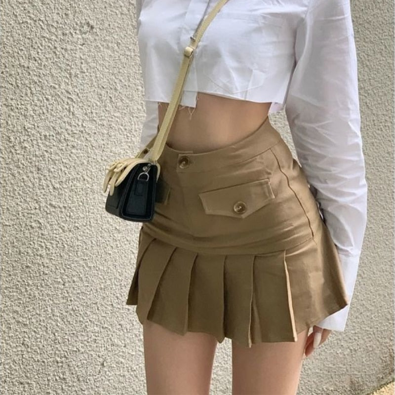 lovevop Back to college Pleated Micro Skirt Women Korean Fashion Casaul Button Pocket Patchwork High Waist A-Line   Mini Skirt Streetwear