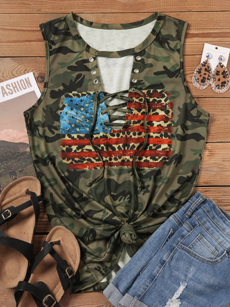 Sexy Lace Up Tank Top for Women Camouflage Leopard American Flag Sleeveless Shirts Summer V-Neck Hollow Out Blouses 2023