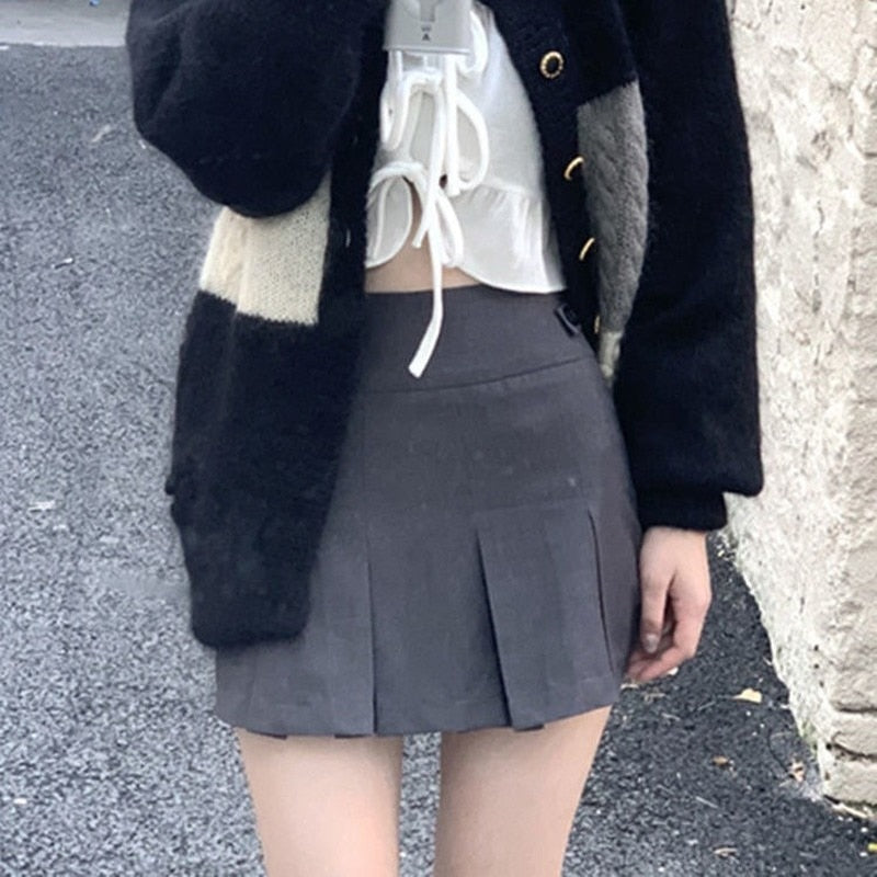 Back to college Korean Fashion Gray Pleated Skirt Women Vintage Cute High Waist   Mini Skirts Kawaii Preppy Style Summer Streetwear